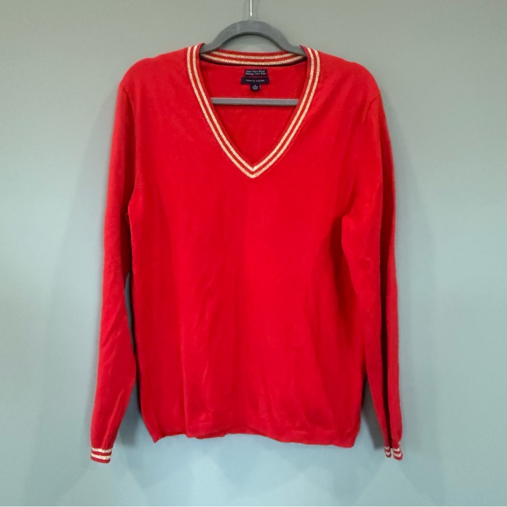 Tommy Hilfiger Long Sleeved V Neck Red Sweater with Gold Stripes